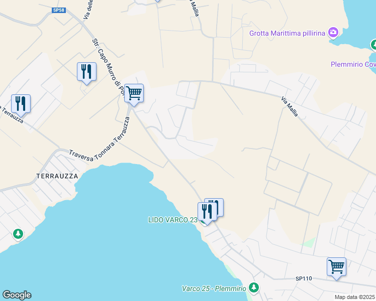 map of restaurants, bars, coffee shops, grocery stores, and more near 21 Via del Salgemma in Libero consorzio comunale di Siracusa