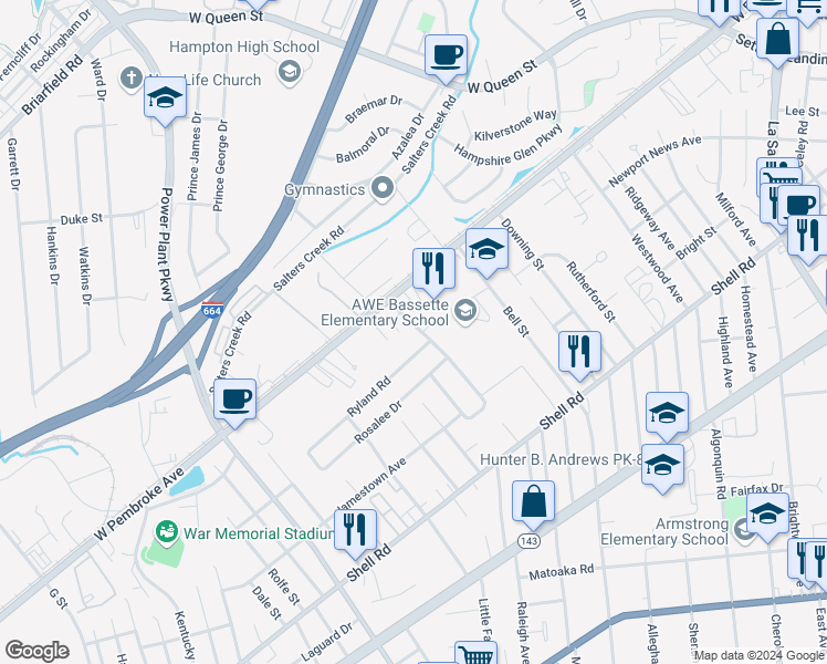 map of restaurants, bars, coffee shops, grocery stores, and more near 767 Norwood Circle in Hampton