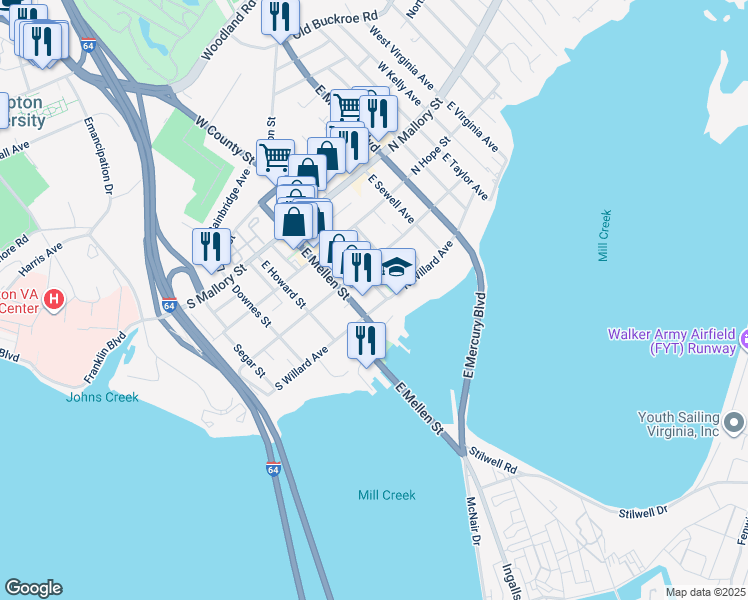 map of restaurants, bars, coffee shops, grocery stores, and more near 6 South Willard Avenue in Hampton