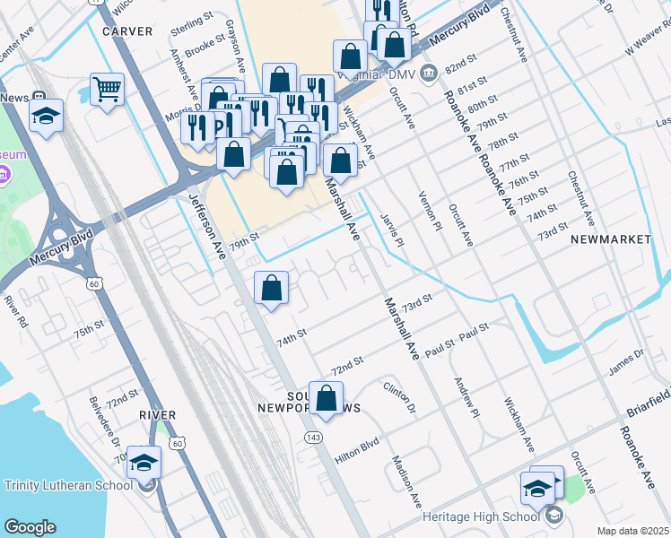 map of restaurants, bars, coffee shops, grocery stores, and more near 704 Austin Court in Newport News