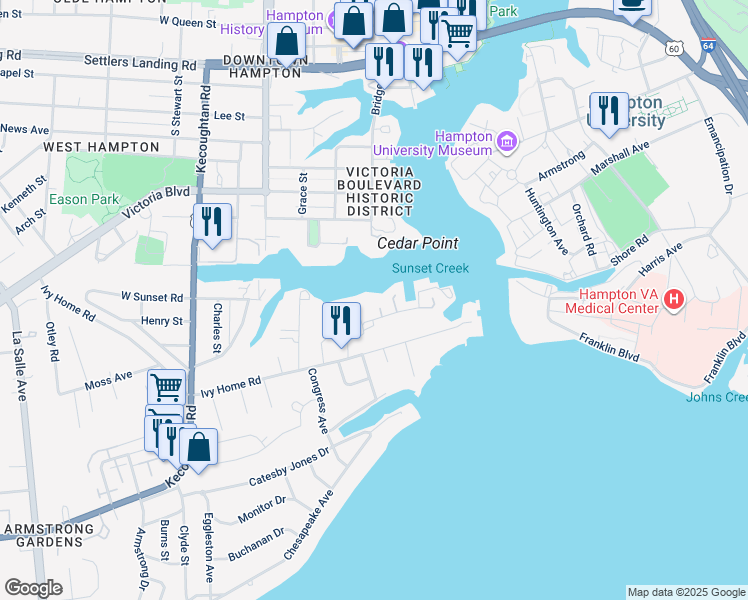 map of restaurants, bars, coffee shops, grocery stores, and more near 99 Marina Road in Hampton
