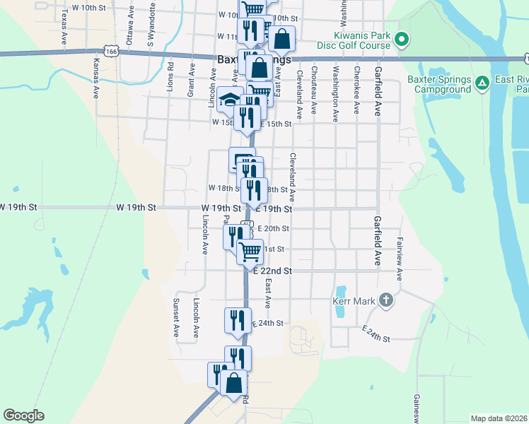 map of restaurants, bars, coffee shops, grocery stores, and more near 1802 Military Ave in Baxter Springs