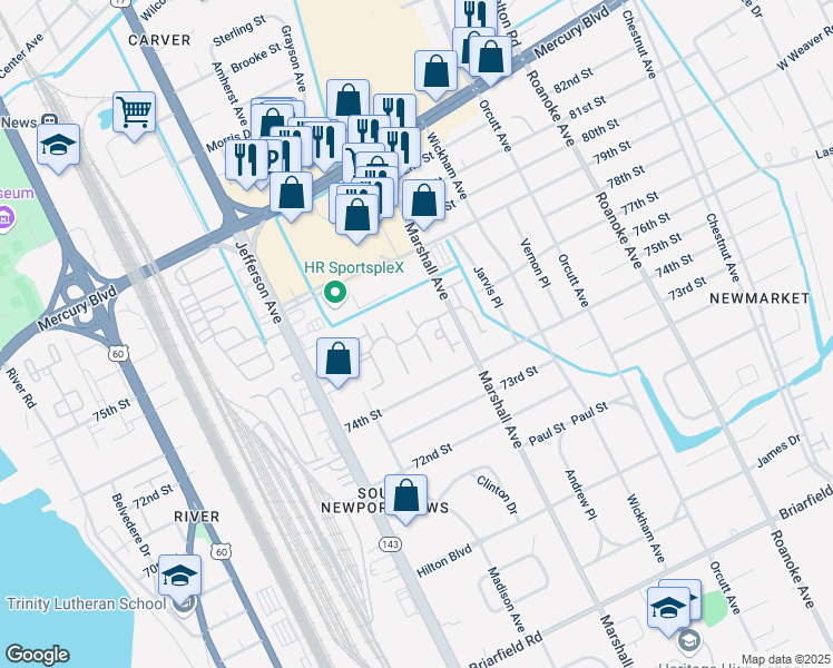 map of restaurants, bars, coffee shops, grocery stores, and more near 701 Austin Court in Newport News