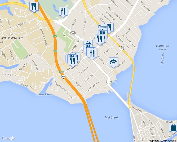 map of restaurants, bars, coffee shops, grocery stores, and more near 111 East Howard Street in Hampton