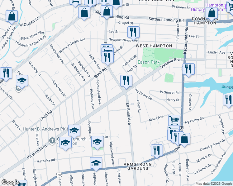 map of restaurants, bars, coffee shops, grocery stores, and more near 3644 Ervin Street in Hampton