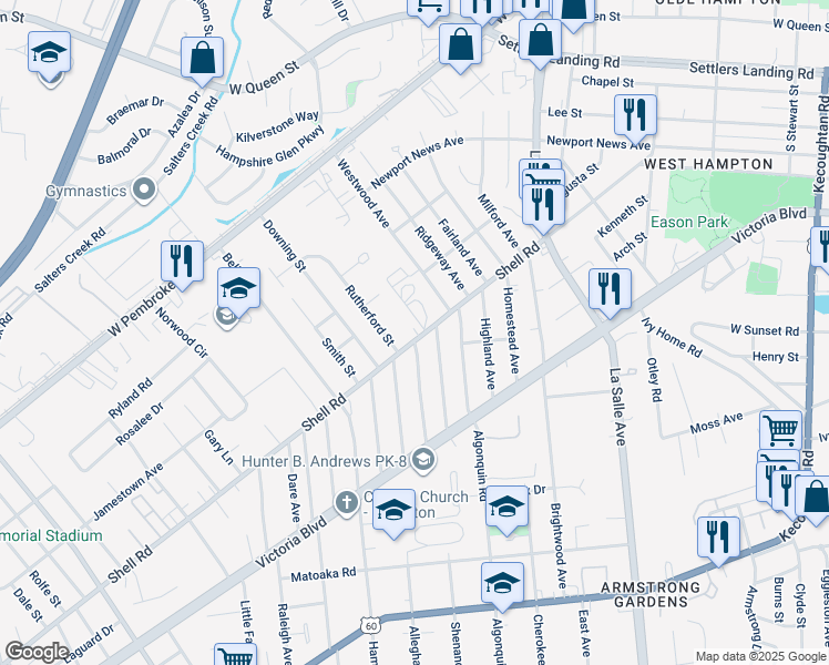 map of restaurants, bars, coffee shops, grocery stores, and more near 3209 Shell Road in Hampton