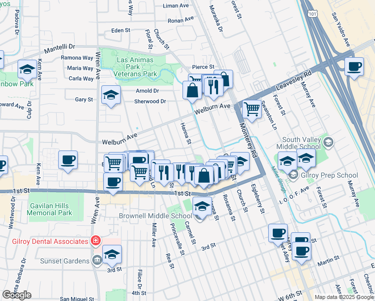 map of restaurants, bars, coffee shops, grocery stores, and more near 400 El Cerrito Way in Gilroy