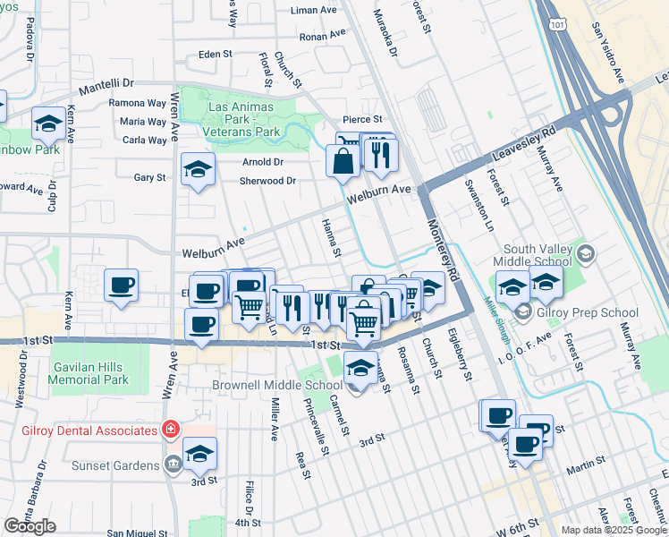 map of restaurants, bars, coffee shops, grocery stores, and more near 400 El Cerrito Way in Gilroy