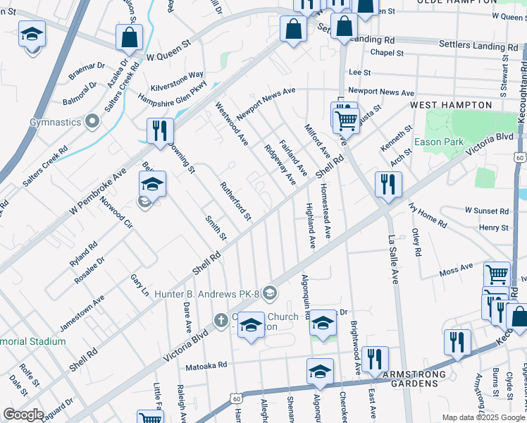 map of restaurants, bars, coffee shops, grocery stores, and more near 3209 Shell Road in Hampton