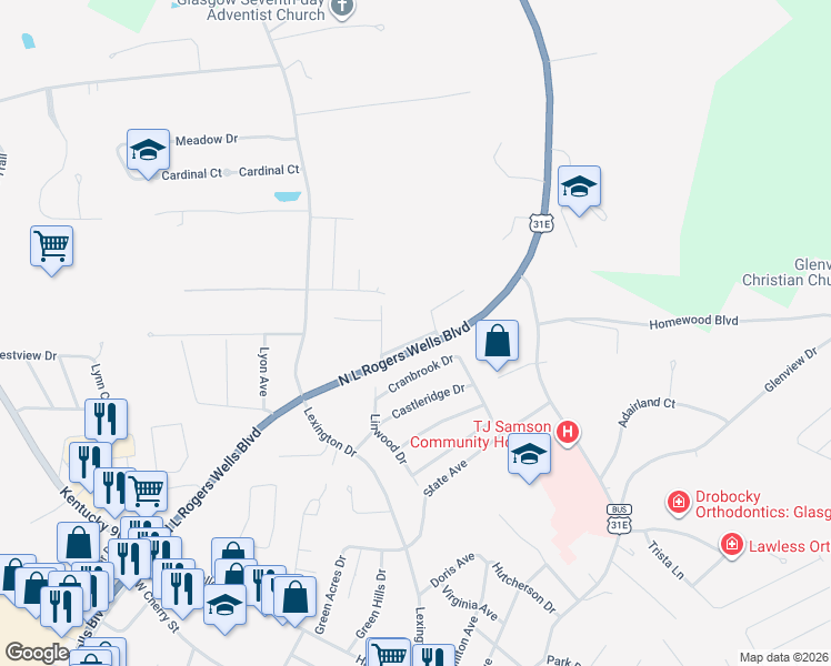 map of restaurants, bars, coffee shops, grocery stores, and more near Columns Plaza Drive in Glasgow