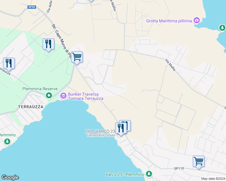 map of restaurants, bars, coffee shops, grocery stores, and more near 21 Via del Salgemma in Libero consorzio comunale di Siracusa