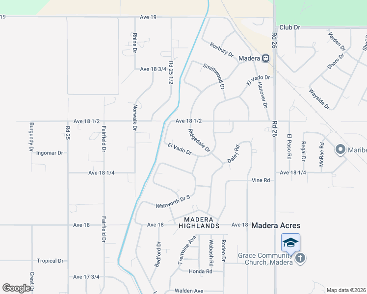 map of restaurants, bars, coffee shops, grocery stores, and more near 25553 El Vado Drive in Madera