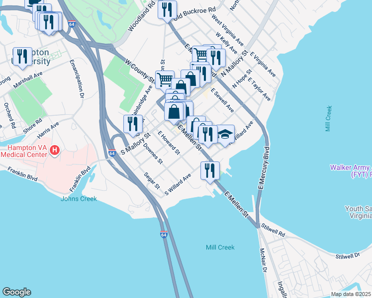 map of restaurants, bars, coffee shops, grocery stores, and more near 116 South Curry Street in Hampton