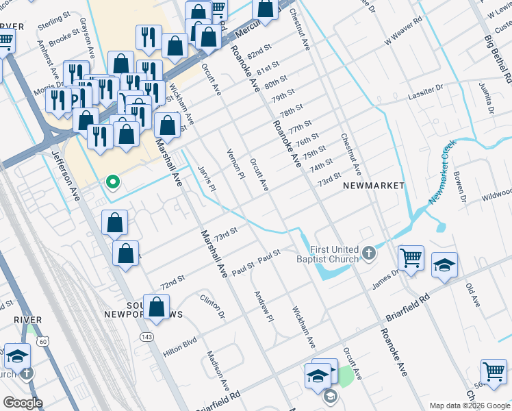 map of restaurants, bars, coffee shops, grocery stores, and more near 7403 Vernon Place in Newport News