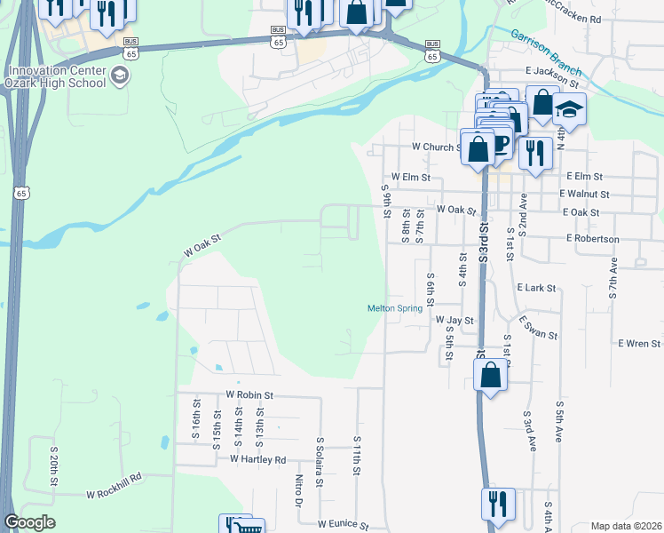 map of restaurants, bars, coffee shops, grocery stores, and more near 455 South 11th Street in Ozark
