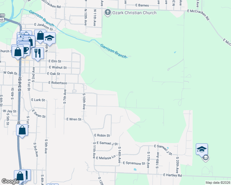 map of restaurants, bars, coffee shops, grocery stores, and more near 1101-1299 E Georgia St in Ozark