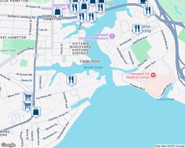 map of restaurants, bars, coffee shops, grocery stores, and more near 25 Capps Quarters in Hampton