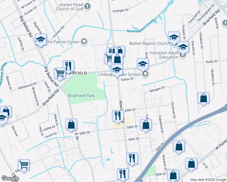 map of restaurants, bars, coffee shops, grocery stores, and more near 651 Aberdeen Road in Hampton