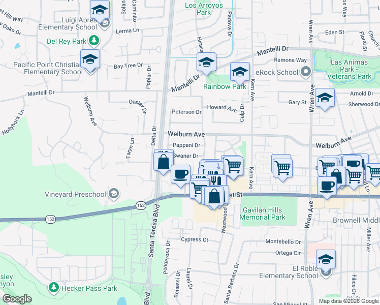 map of restaurants, bars, coffee shops, grocery stores, and more near 1239 Swaner Drive in Gilroy