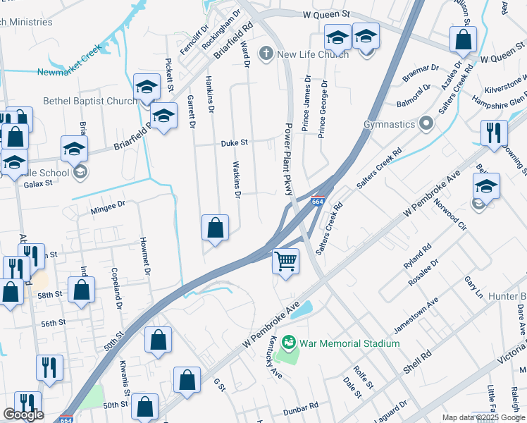 map of restaurants, bars, coffee shops, grocery stores, and more near 307 Ward Drive in Hampton