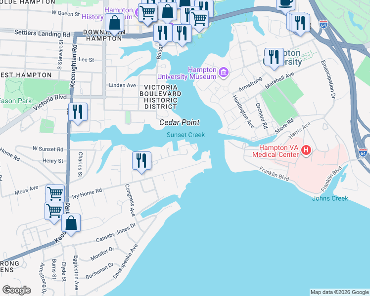 map of restaurants, bars, coffee shops, grocery stores, and more near 15 Marina Road in Hampton