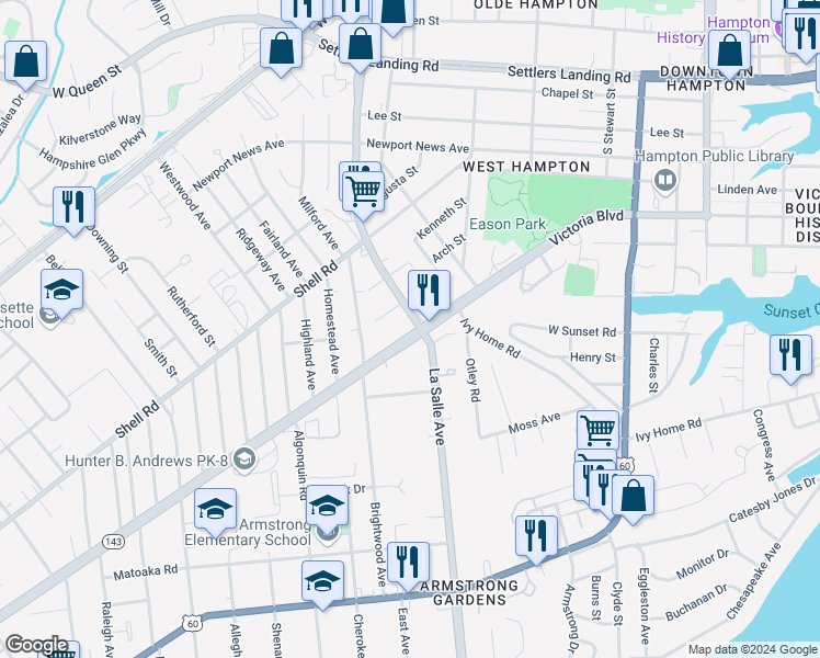 map of restaurants, bars, coffee shops, grocery stores, and more near 3623 Victoria Boulevard in Hampton