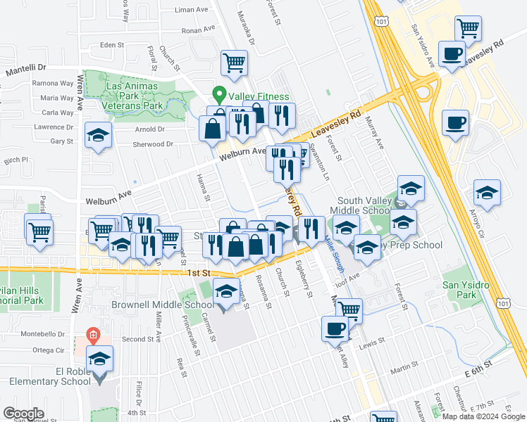 map of restaurants, bars, coffee shops, grocery stores, and more near 8170 Church Street in Gilroy