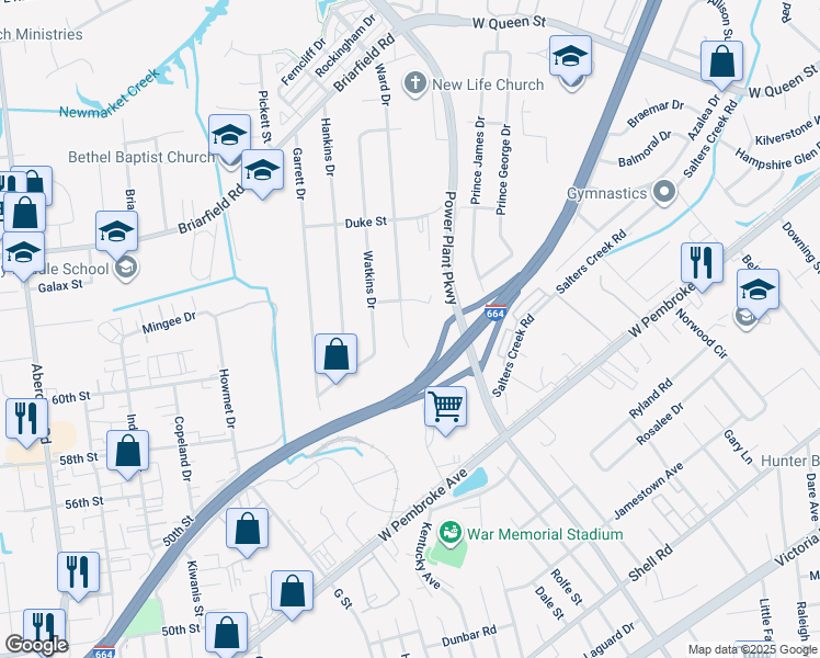 map of restaurants, bars, coffee shops, grocery stores, and more near 307 Ward Drive in Hampton