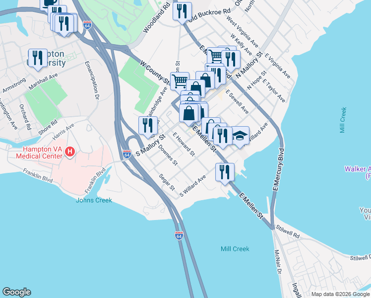 map of restaurants, bars, coffee shops, grocery stores, and more near 27 Williams Street in Hampton