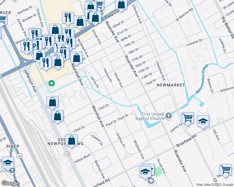 map of restaurants, bars, coffee shops, grocery stores, and more near 7403 Vernon Place in Newport News
