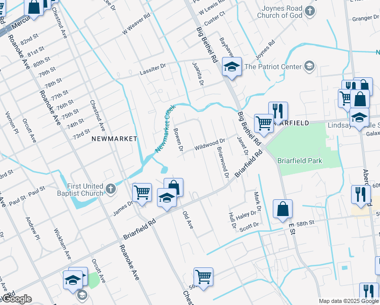 map of restaurants, bars, coffee shops, grocery stores, and more near 1509 Wildwood Drive in Hampton