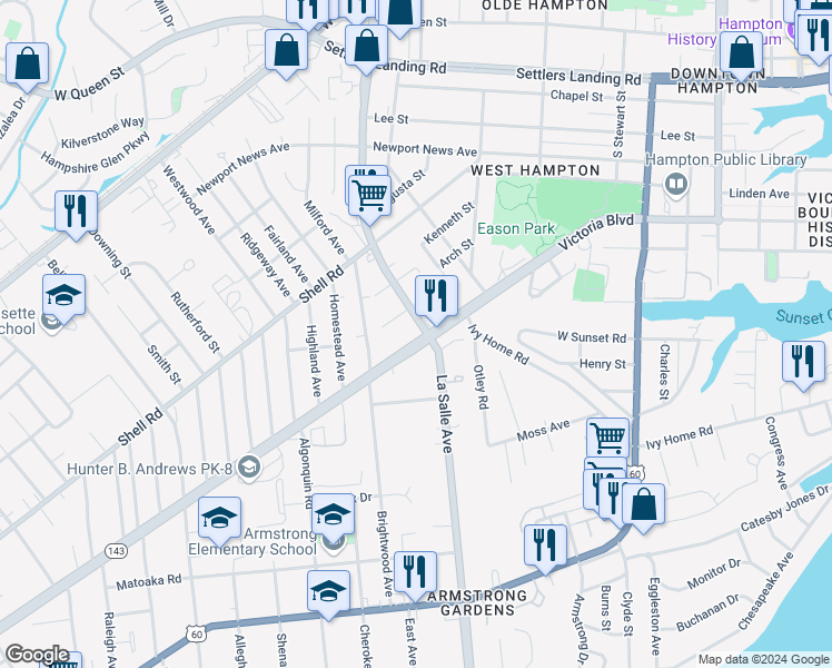 map of restaurants, bars, coffee shops, grocery stores, and more near 3623 Victoria Boulevard in Hampton