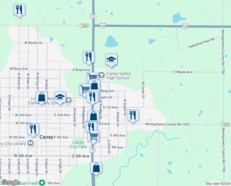 map of restaurants, bars, coffee shops, grocery stores, and more near 600 Bording Avenue in Caney