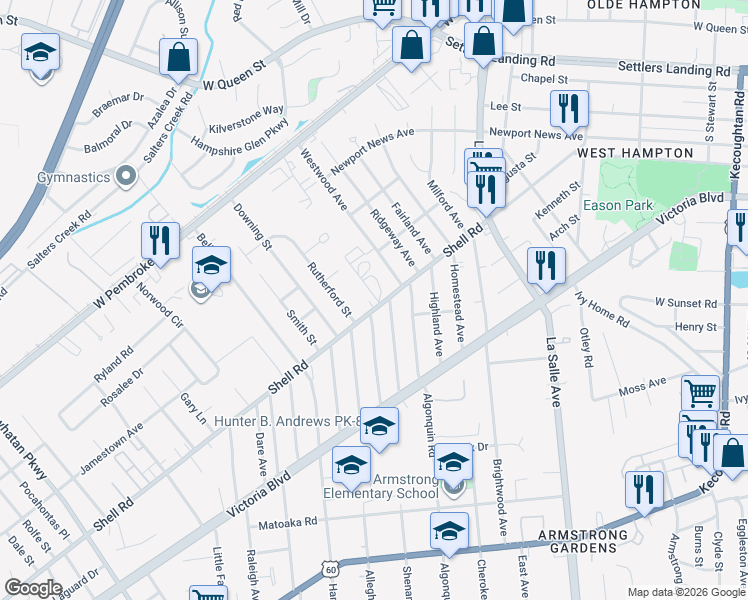 map of restaurants, bars, coffee shops, grocery stores, and more near 3305 Shell Road in Hampton
