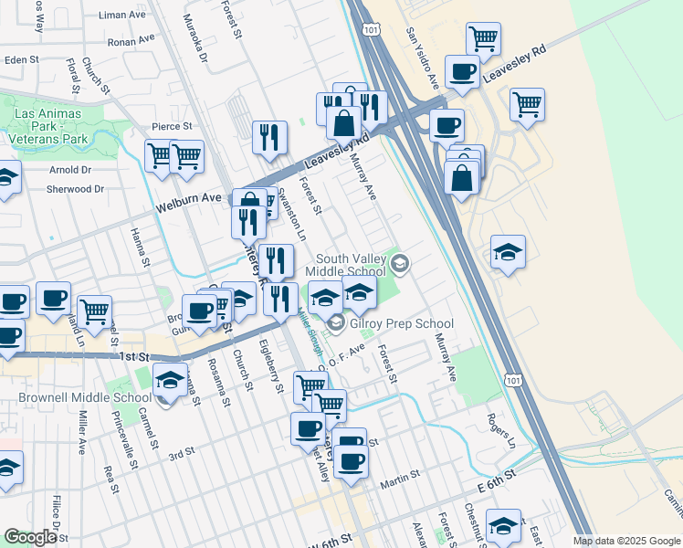 map of restaurants, bars, coffee shops, grocery stores, and more near 8071 Springdale Court in Gilroy