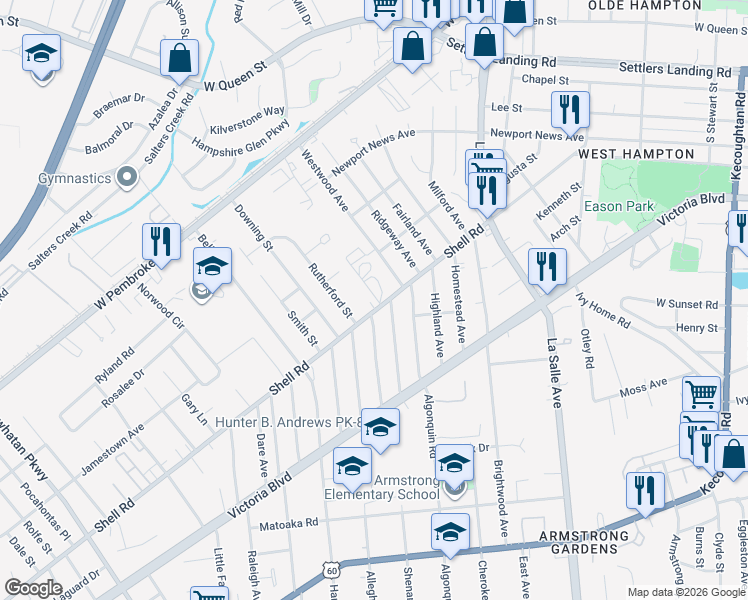 map of restaurants, bars, coffee shops, grocery stores, and more near 3305 Shell Road in Hampton