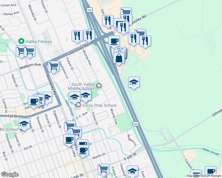 map of restaurants, bars, coffee shops, grocery stores, and more near 520 Polk Court in Gilroy
