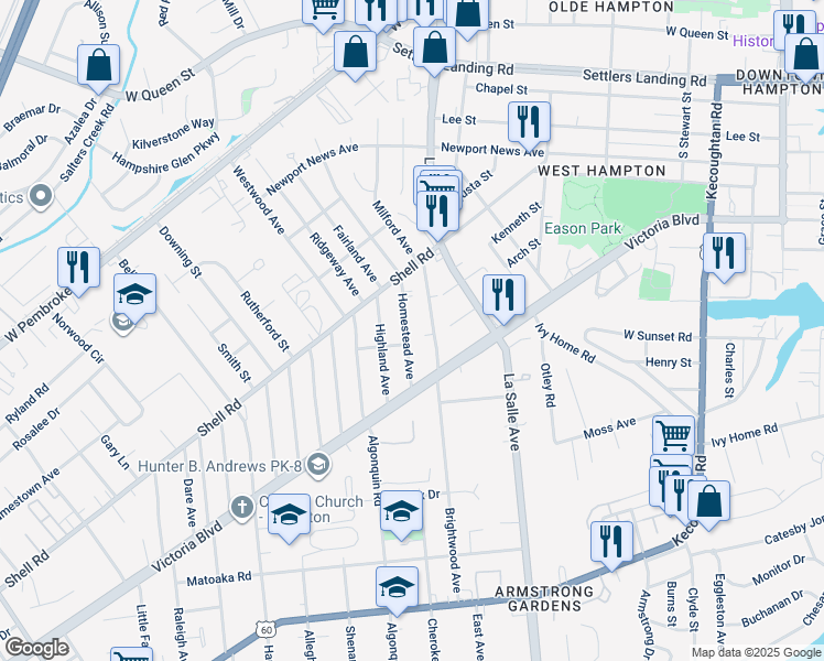 map of restaurants, bars, coffee shops, grocery stores, and more near 520 Homestead Avenue in Hampton