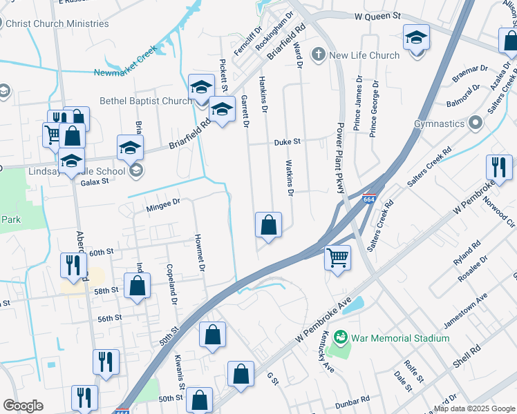 map of restaurants, bars, coffee shops, grocery stores, and more near 127 Garrett Drive in Hampton