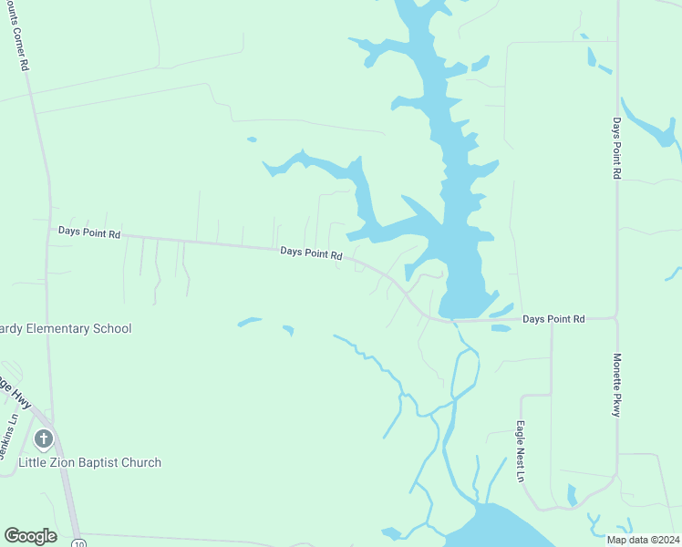 map of restaurants, bars, coffee shops, grocery stores, and more near 17480 Days Point Road in Smithfield