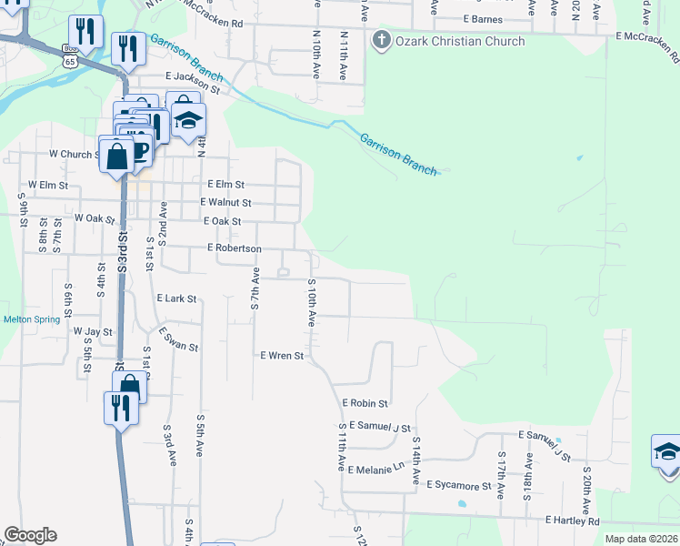 map of restaurants, bars, coffee shops, grocery stores, and more near 900-1198 East Robertson in Ozark