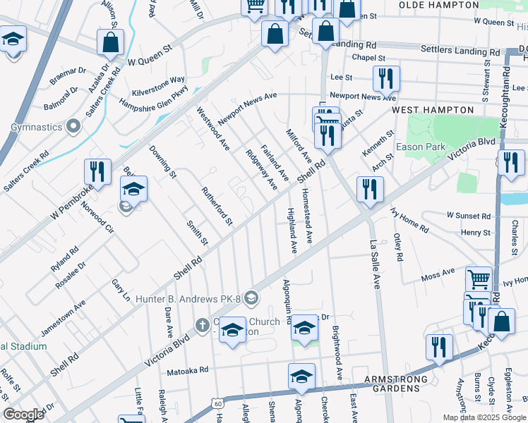 map of restaurants, bars, coffee shops, grocery stores, and more near 436 Seminole Road in Hampton