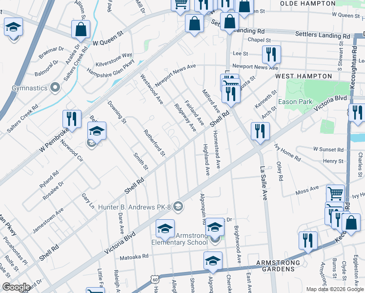 map of restaurants, bars, coffee shops, grocery stores, and more near 3305 Shell Road in Hampton