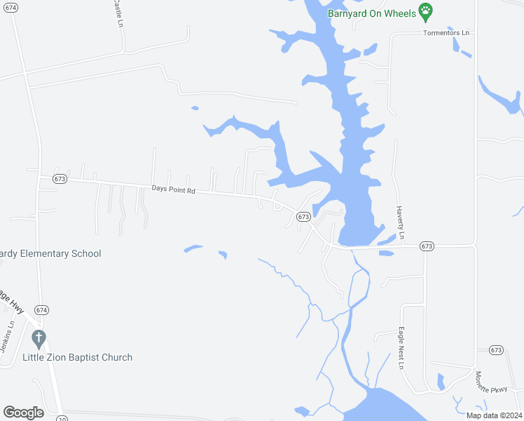 map of restaurants, bars, coffee shops, grocery stores, and more near 17480 Days Point Road in Smithfield