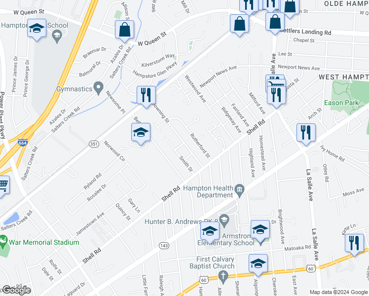 map of restaurants, bars, coffee shops, grocery stores, and more near 713 Downing Street in Hampton