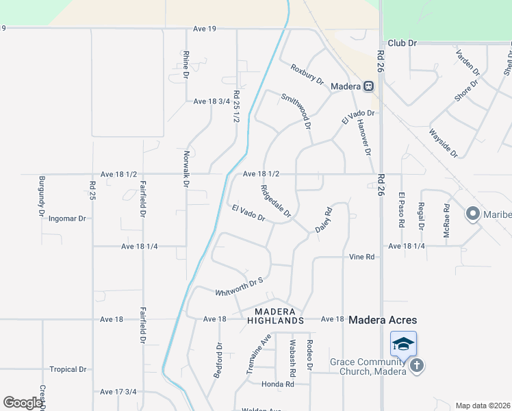 map of restaurants, bars, coffee shops, grocery stores, and more near 25553 El Vado Drive in Madera