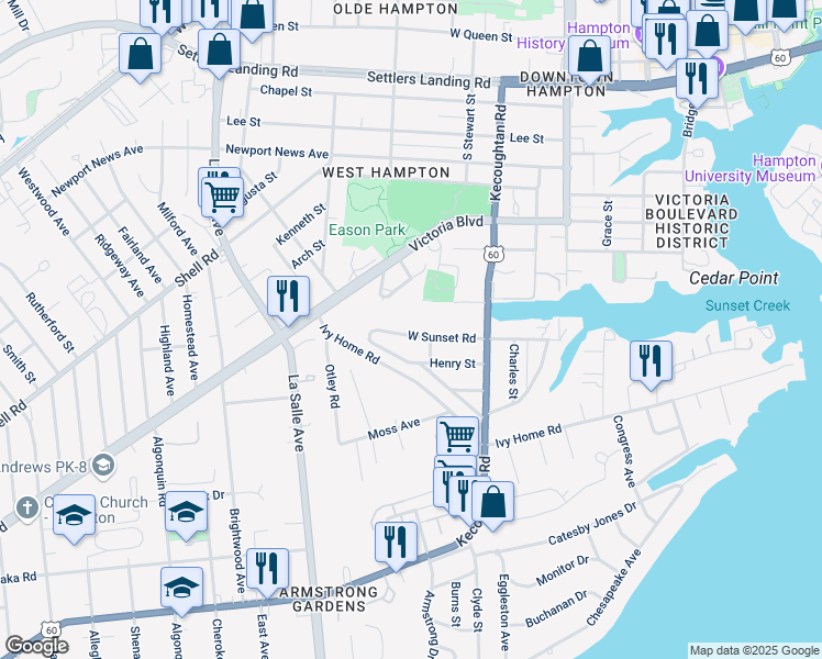 map of restaurants, bars, coffee shops, grocery stores, and more near 545 Providence Street in Hampton