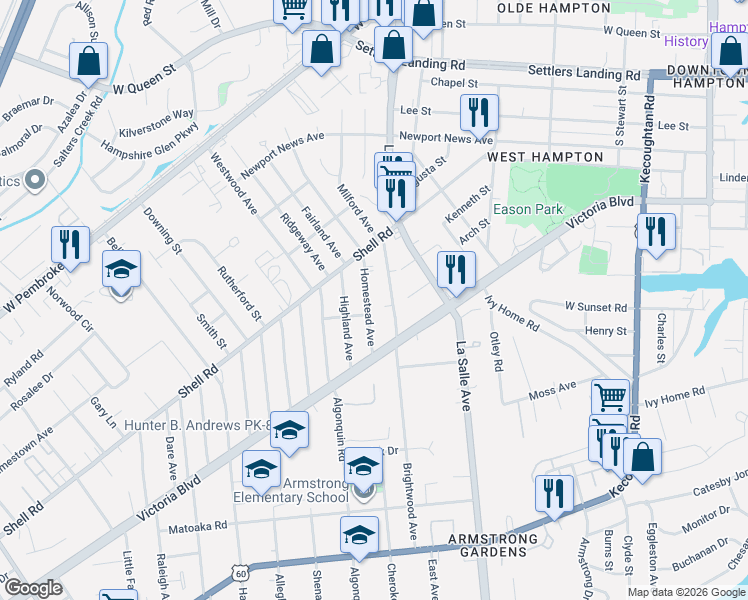 map of restaurants, bars, coffee shops, grocery stores, and more near 512 Brightwood Avenue in Hampton