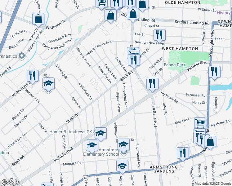 map of restaurants, bars, coffee shops, grocery stores, and more near 513 Homestead Avenue in Hampton