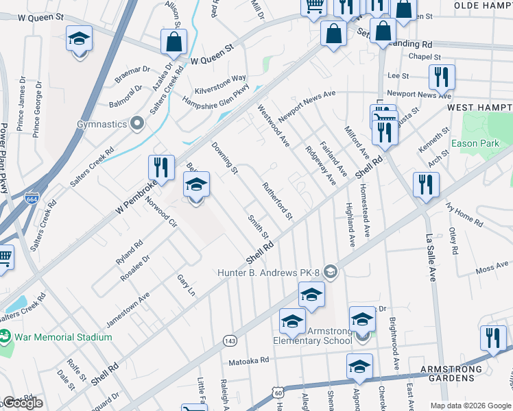 map of restaurants, bars, coffee shops, grocery stores, and more near 716 Downing Street in Hampton